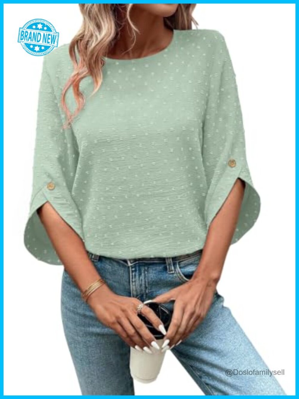 Womens 3/4 Sleeve Swiss Dot Blouse Crew Neck Dressy Casual Tunic Top